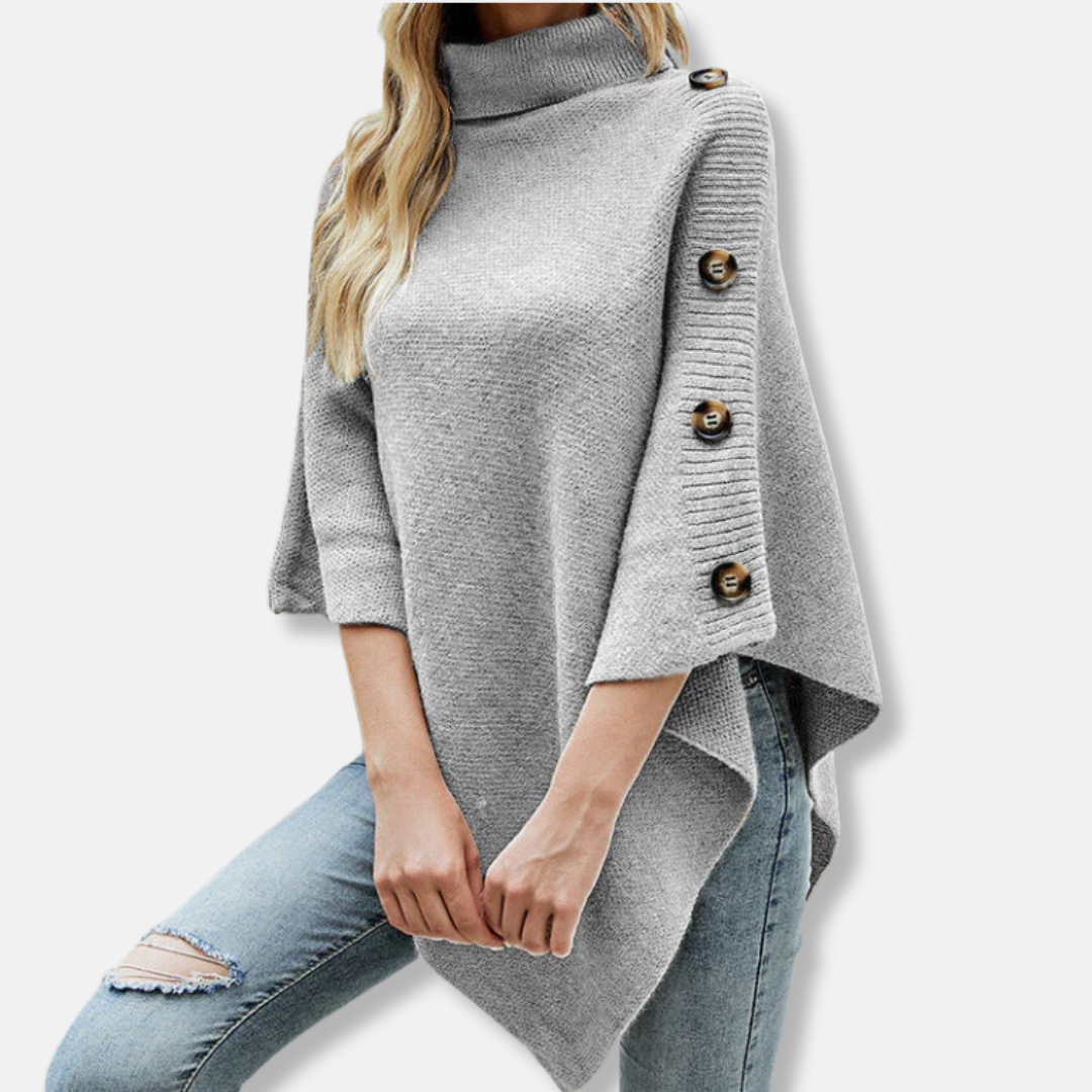 Women's oversized knitted poncho high neck asymmetrical hem cozy street style fall winter layer