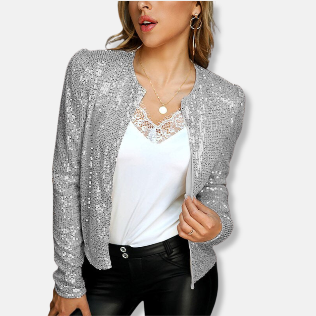Women's cropped blazer long sleeve silver sequin embellished woven fabric dressy evening style
