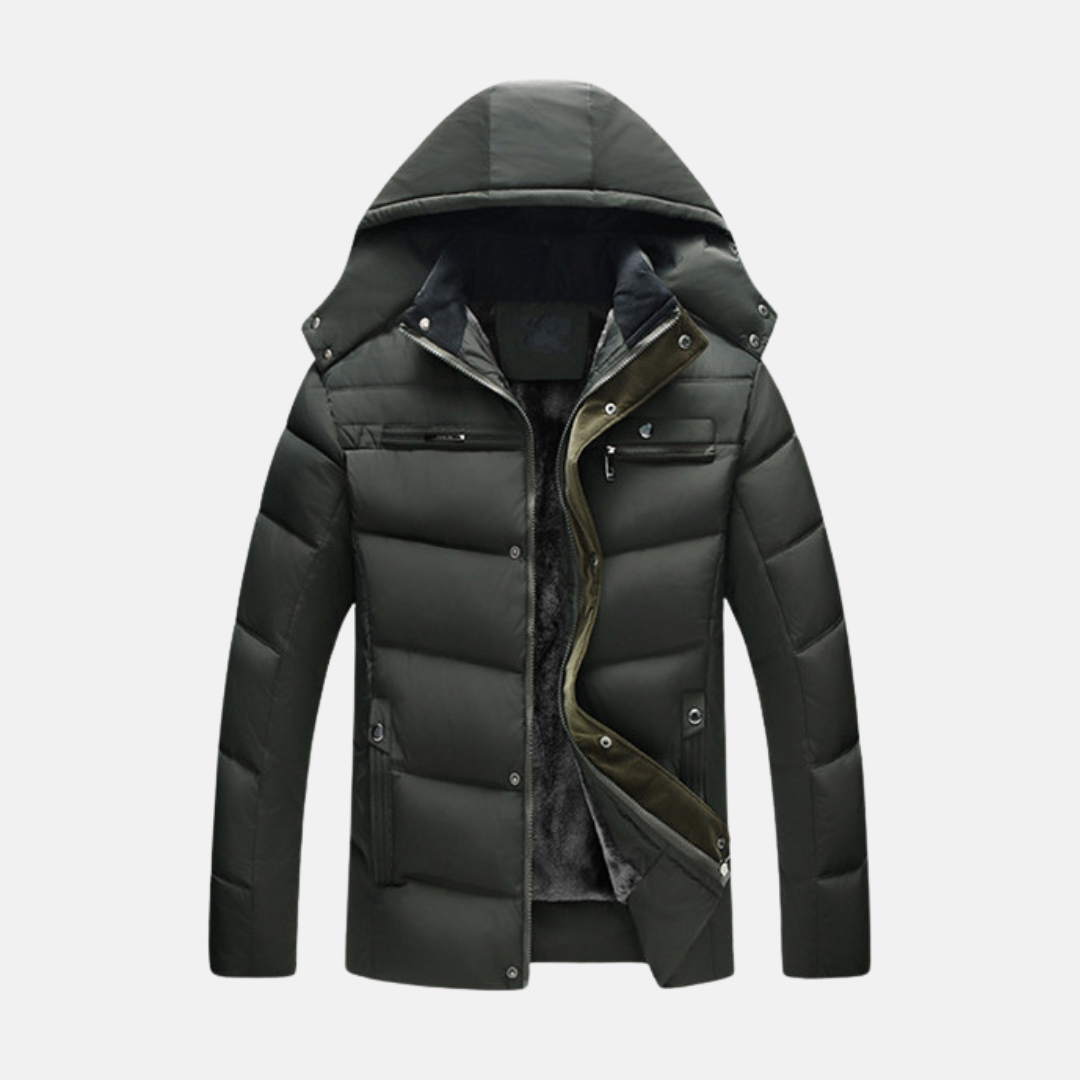 Men's quilted padded coat water-resistant fleece hood snap-zip closure urban outdoor black