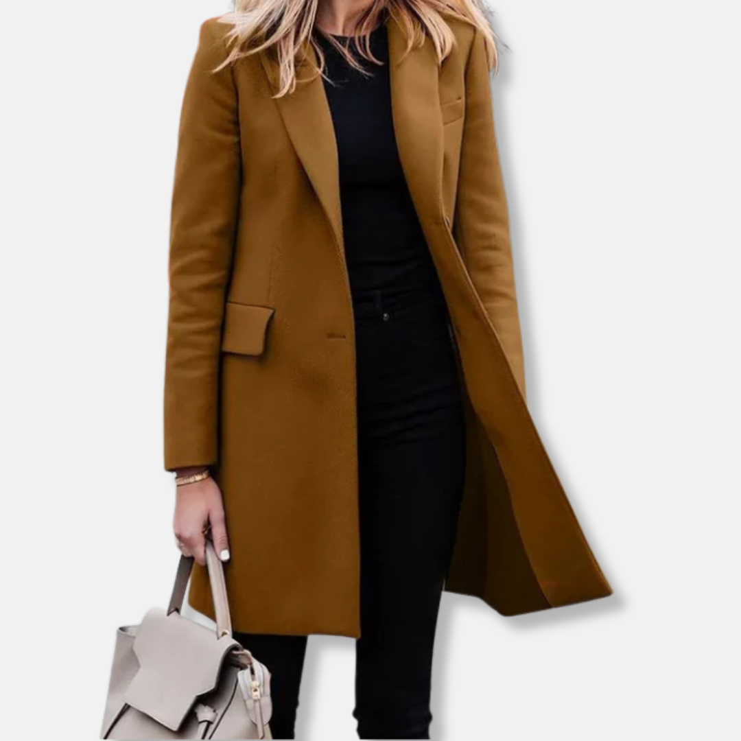 Women's longline wool blend coat tailored fit notched lapels flap pockets professional style
