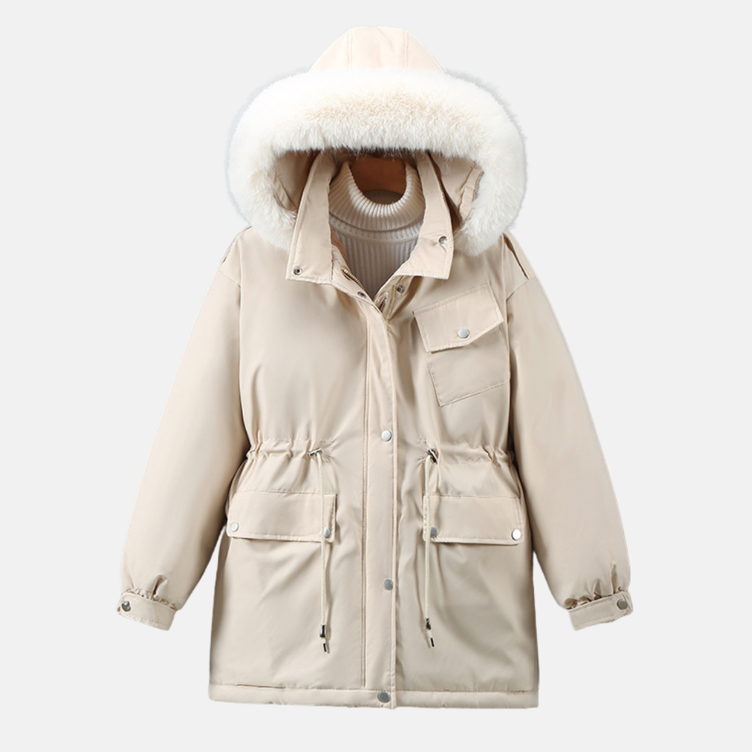 Women's mid-length parka jacket weather-resistant navy blue with cozy faux fur hood trim