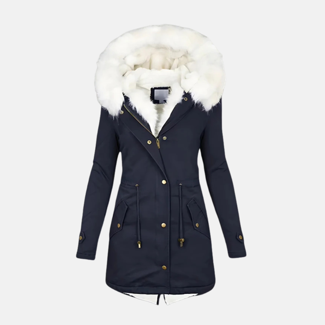 Women's slim fit mid-length parka coat with faux fur hood, water-resistant, winter essential