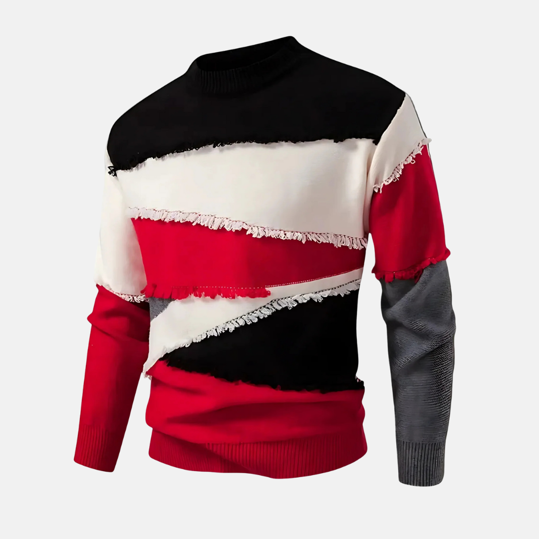 Men's colorblock mock neck sweater regular fit knit blend with raw-edge fringed seams smart casual