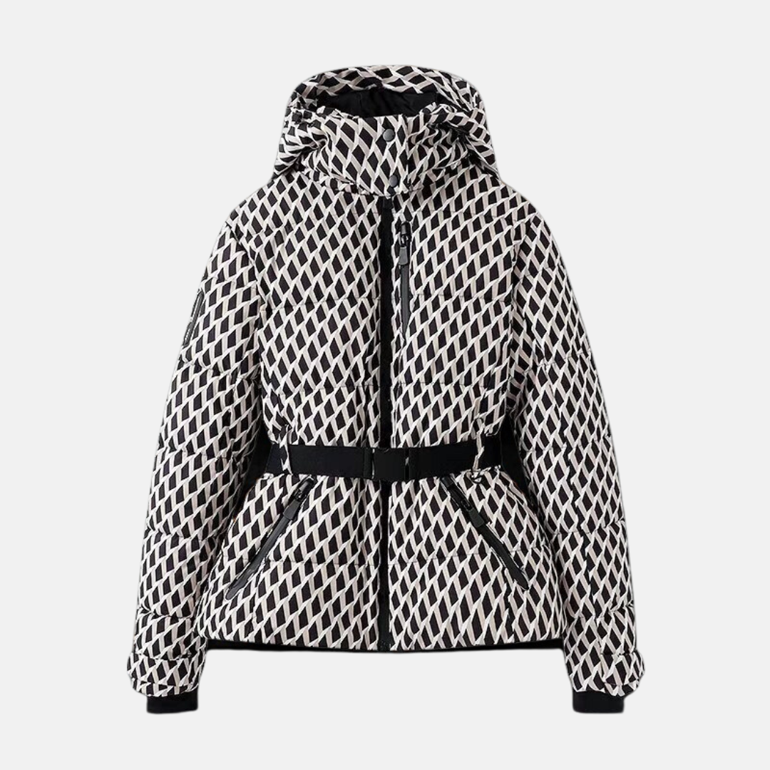 Women's oversized quilted puffer jacket in neutral tone with belted waist and hooded collar
