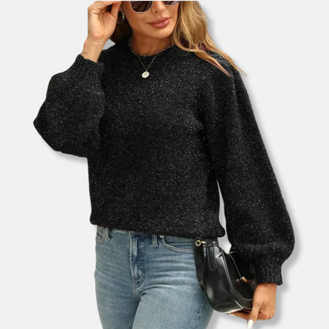Women's cream plush knit relaxed fit sweatshirt with puff sleeves and crew neck casual top