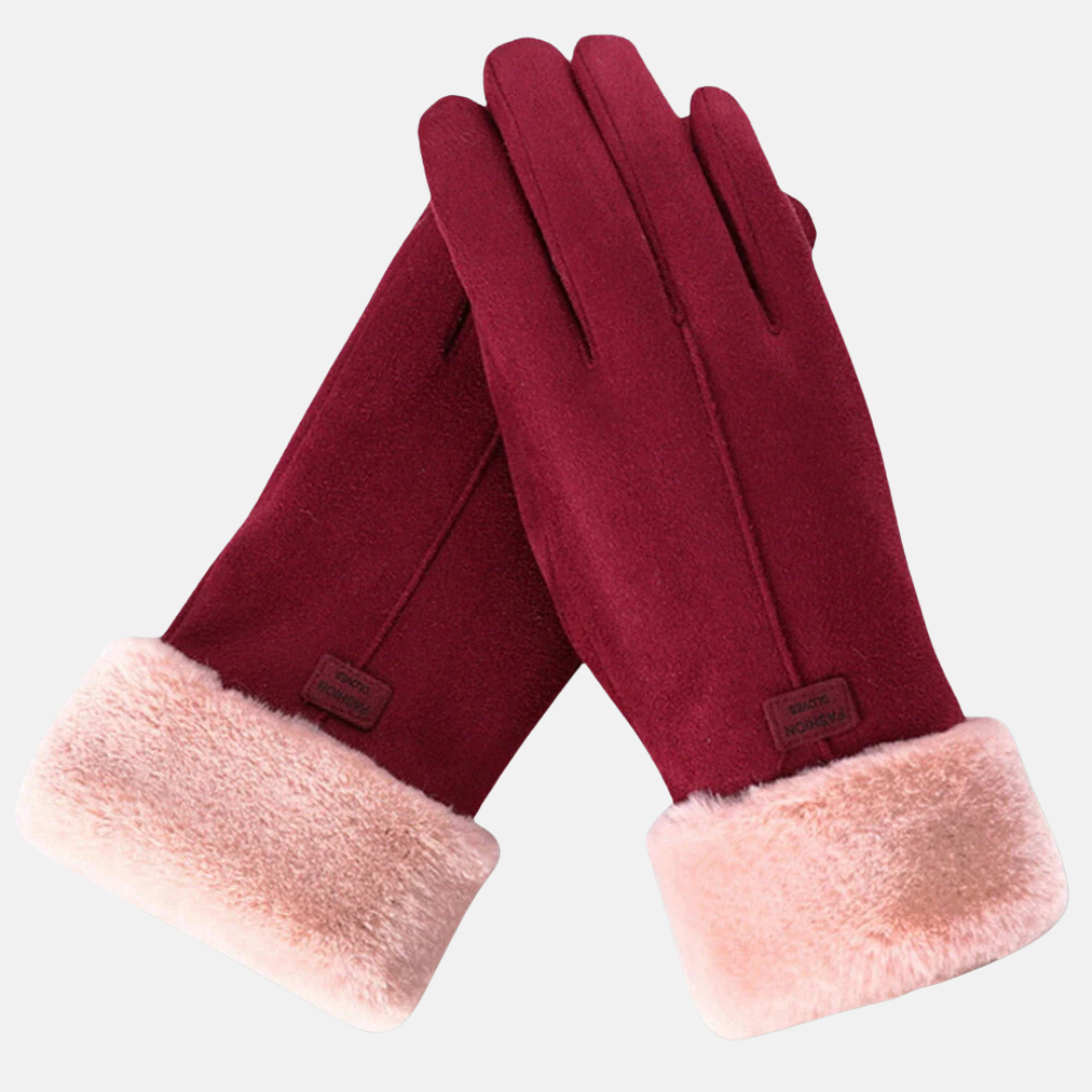 Women's slim fit wrist-length suede-like gloves in neutral tone with plush faux fur cuffs, touchscreen compatible