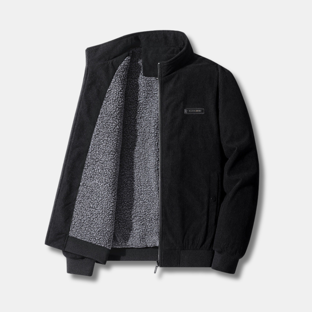 Brown corduroy jacket with warm sherpa lining, rugged yet sophisticated cold-weather style