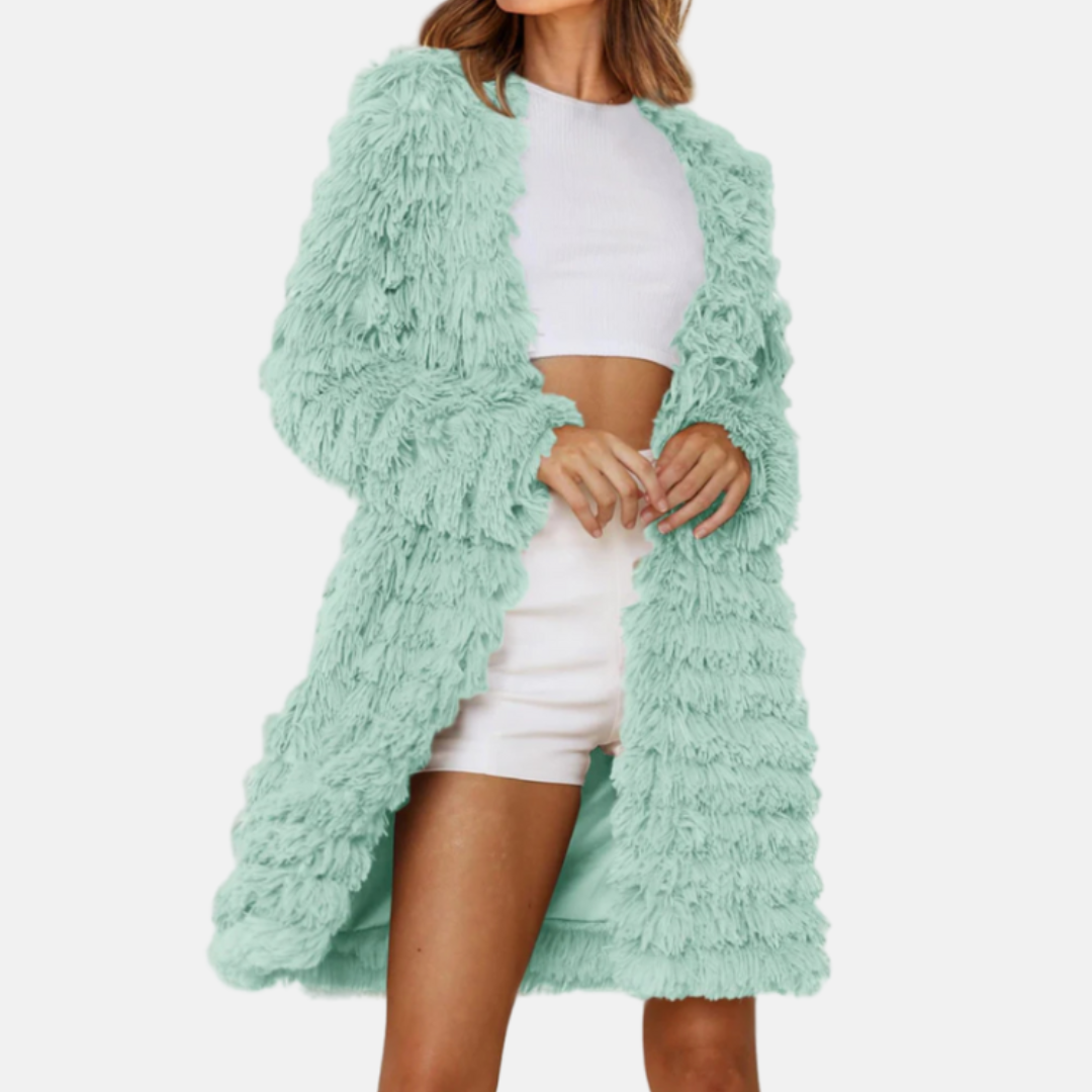 Women's longline shaggy cardigan open-front relaxed fit cozy plush textured layering piece