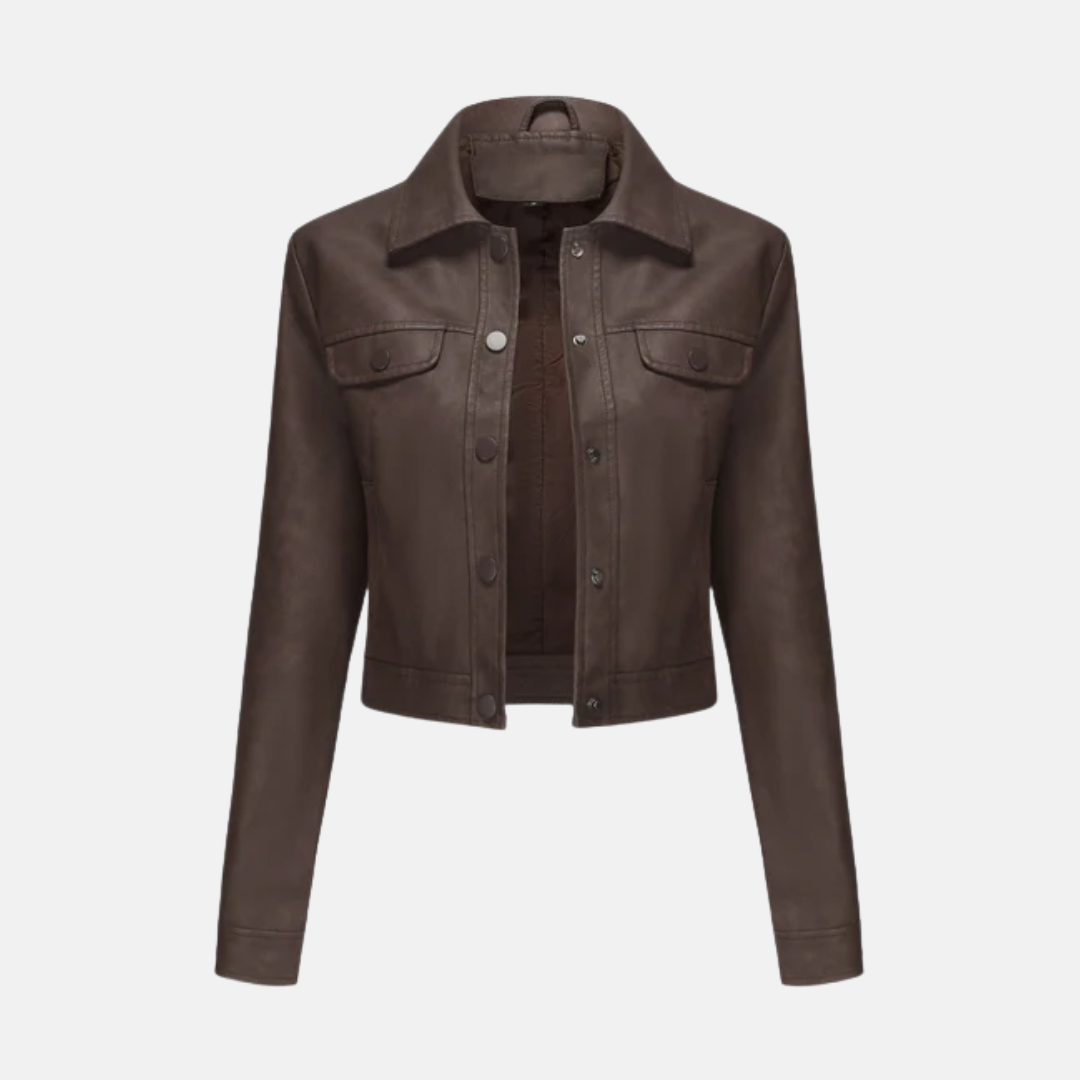 Women's cropped structured jacket woven texture snap front point collar sophisticated modern fit