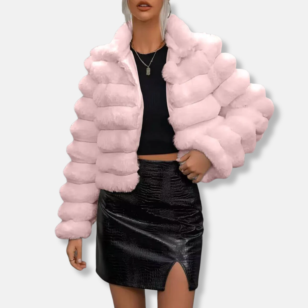 Women's white faux fur cropped jacket with stand-up collar and long sleeves for chic winter style