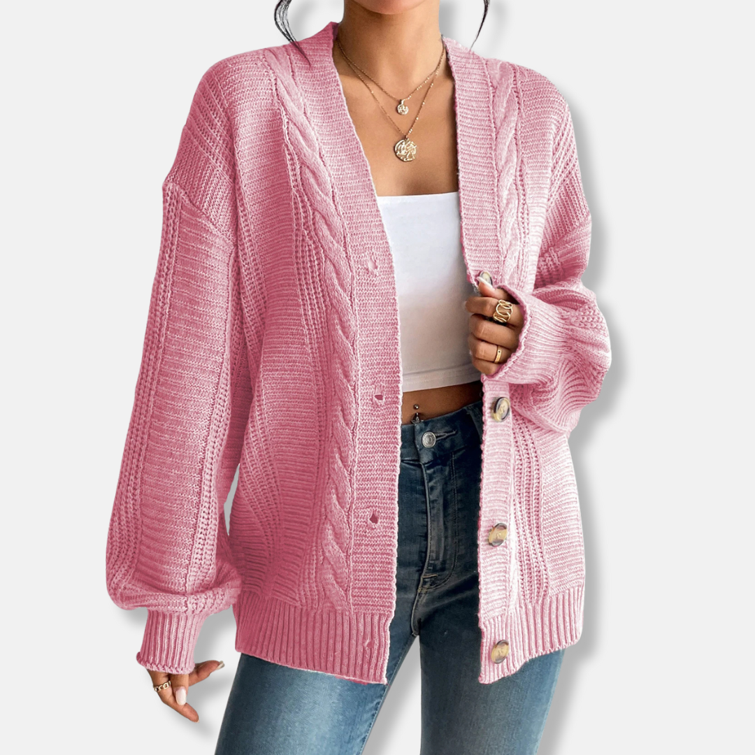 Women's oversized wool blend cable knit cardigan in neutral tones, button-front cozy fall essential