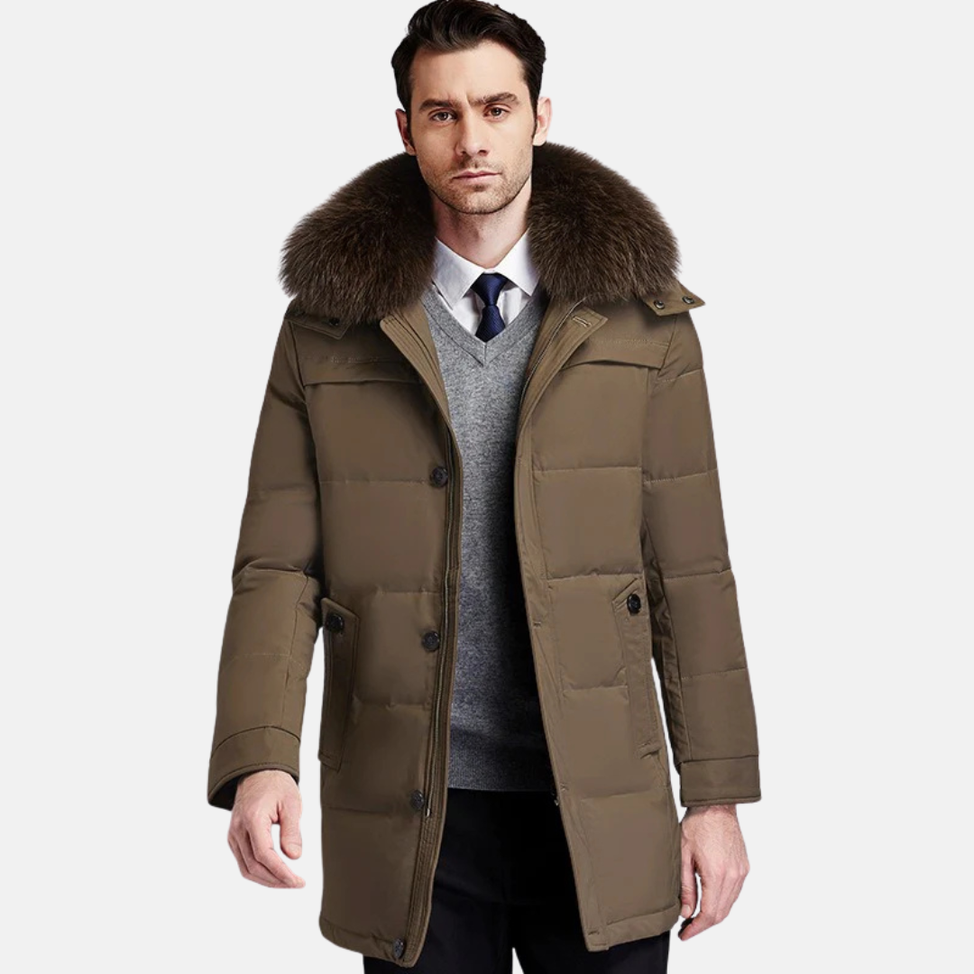 Men's black mid-length puffer coat with detachable fur trim stand-up collar winter outerwear