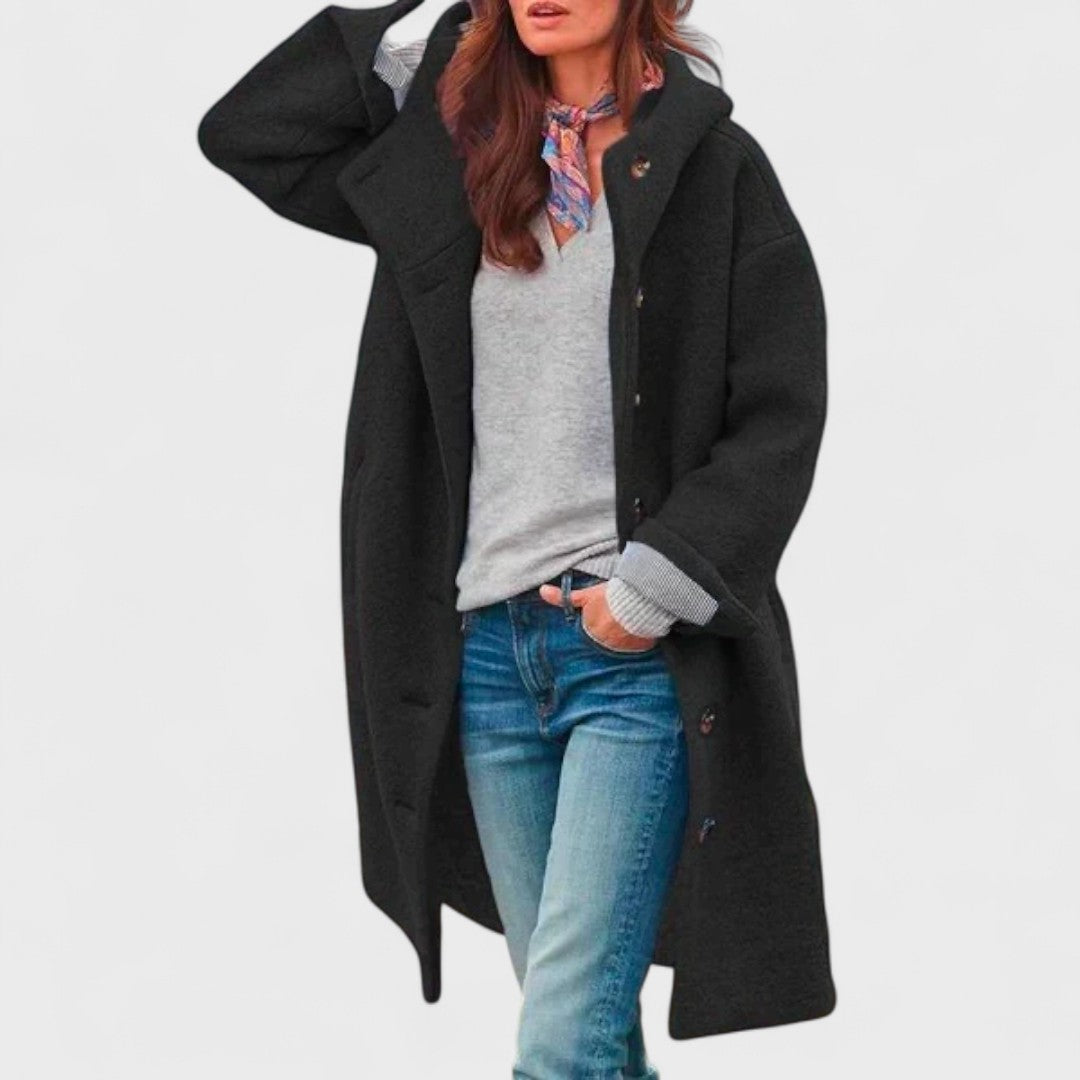 Sleek black city jacket with flattering fitted cut and polished everyday design for cold weather