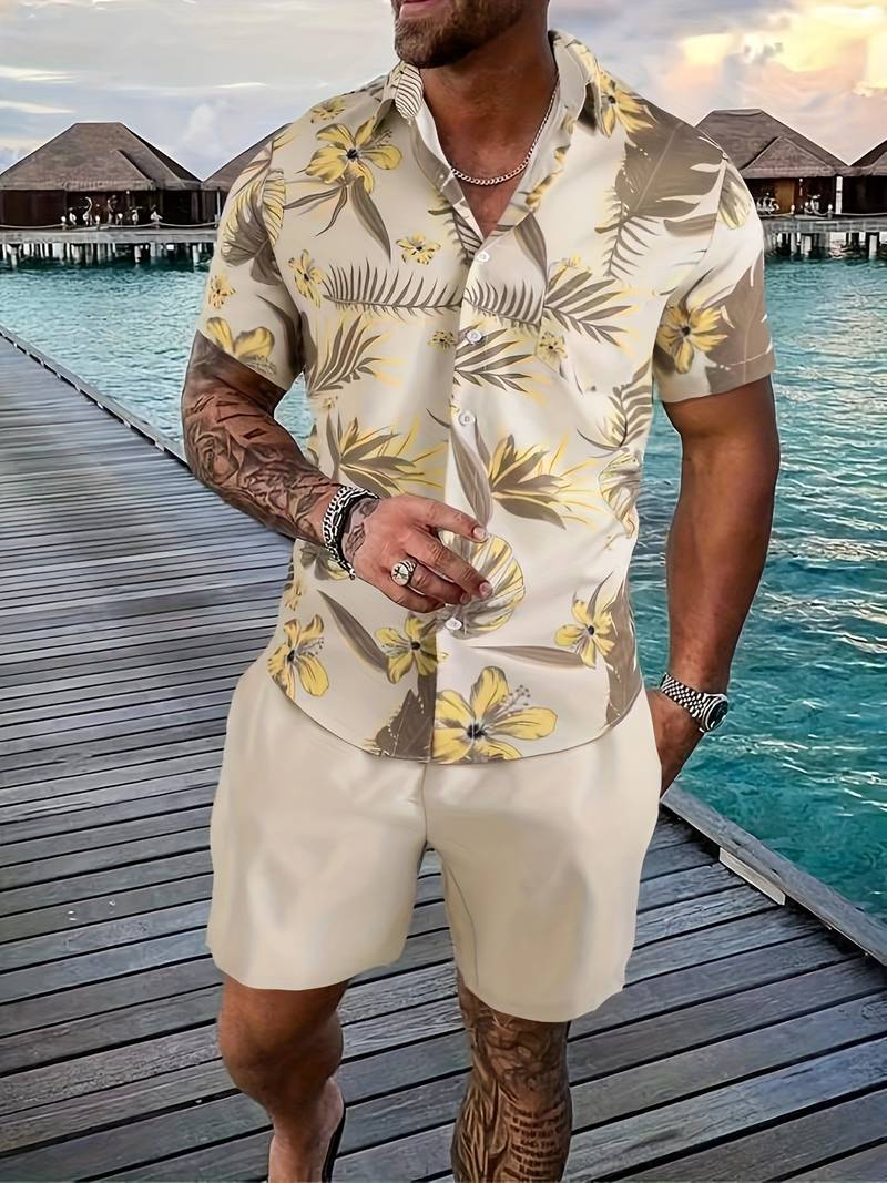 Men's lightweight Hawaiian shirt floral pattern relaxed fit short sleeve breathable cotton blend summer