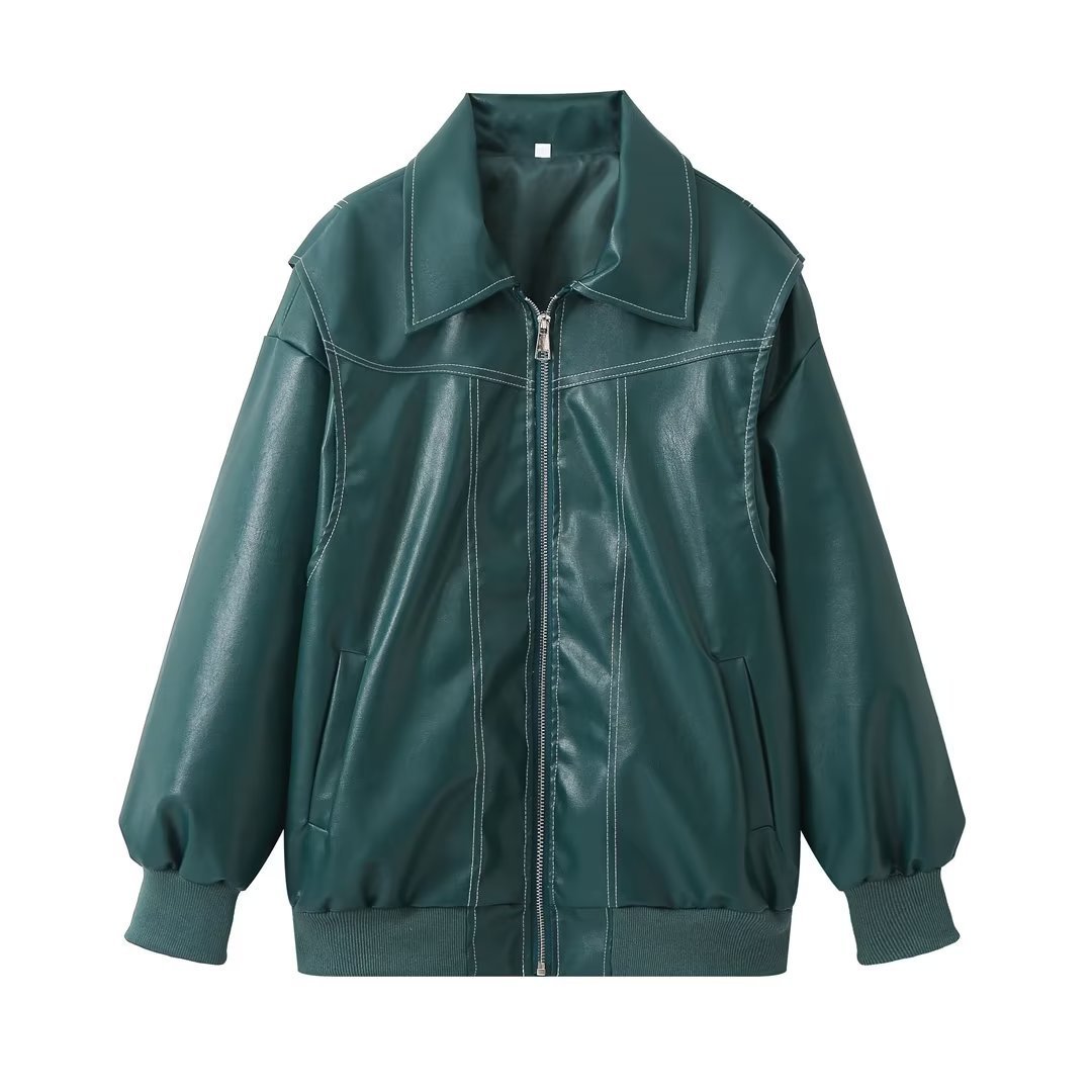 Women's black oversized faux leather motorcycle jacket with zipper closure and modern comfort fit