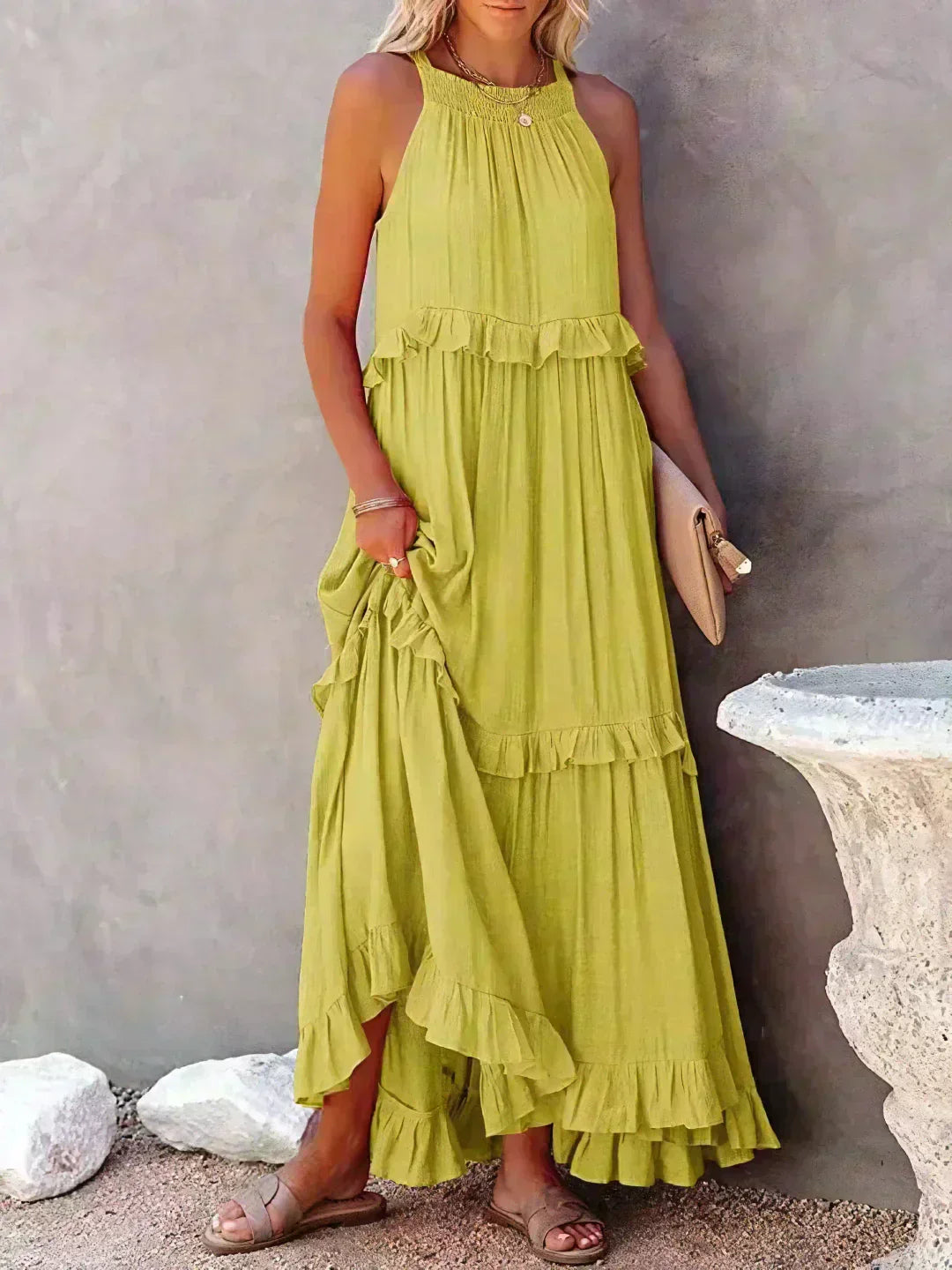 Elegant sleeveless dress with delicate ruffle accents, feminine silhouette for special occasions