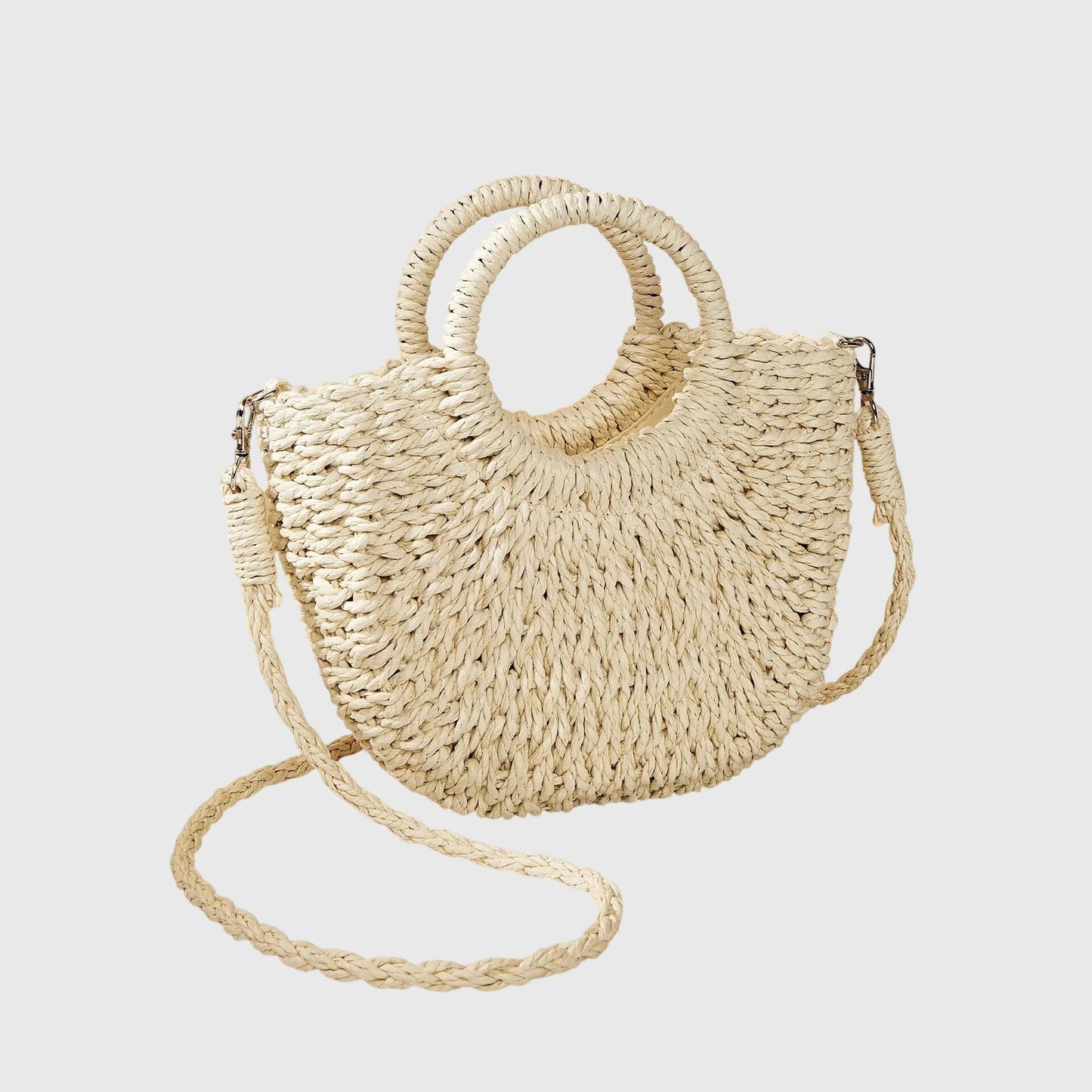 Natural braided handbag with circular handle in neutral tone, lightweight summer style