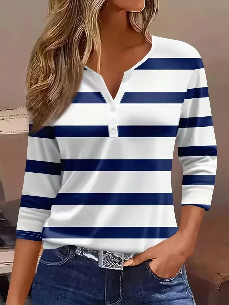 Striped V-neck top with ¾ sleeves in bold multicolor stripes, lightweight breathable women's fashion