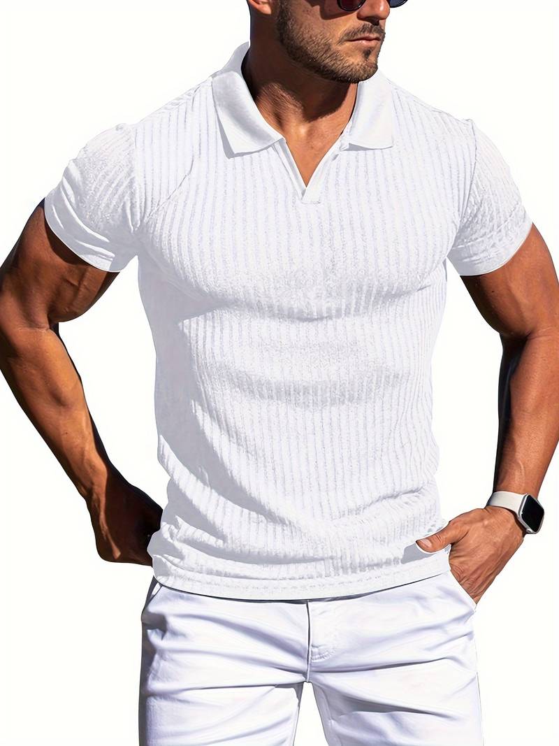 Men's slim fit ribbed knit polo shirt short sleeve casual stylish cotton-blend textured finish