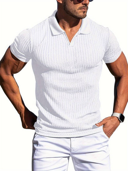 Men's slim fit ribbed knit polo shirt short sleeve casual stylish cotton-blend textured finish