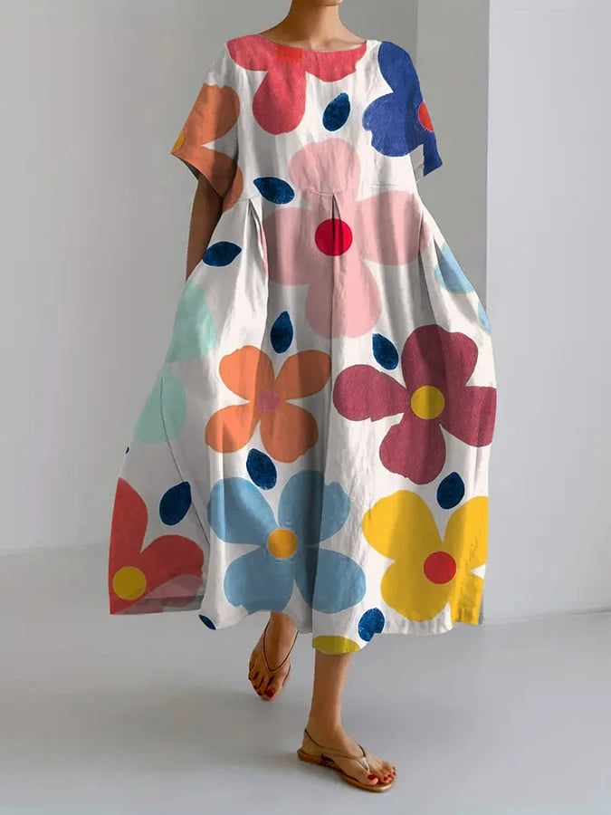 Multicolor floral midi dress loose fit with oversized blooms, vibrant summer style for effortless chic