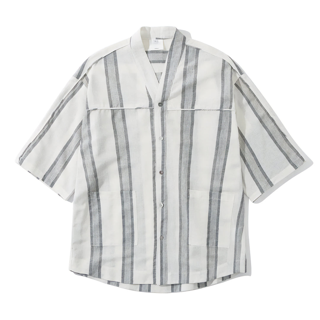 Striped kimono shirt in shadow tones, relaxed fit with wide sleeves and dual pockets in cotton-linen blend