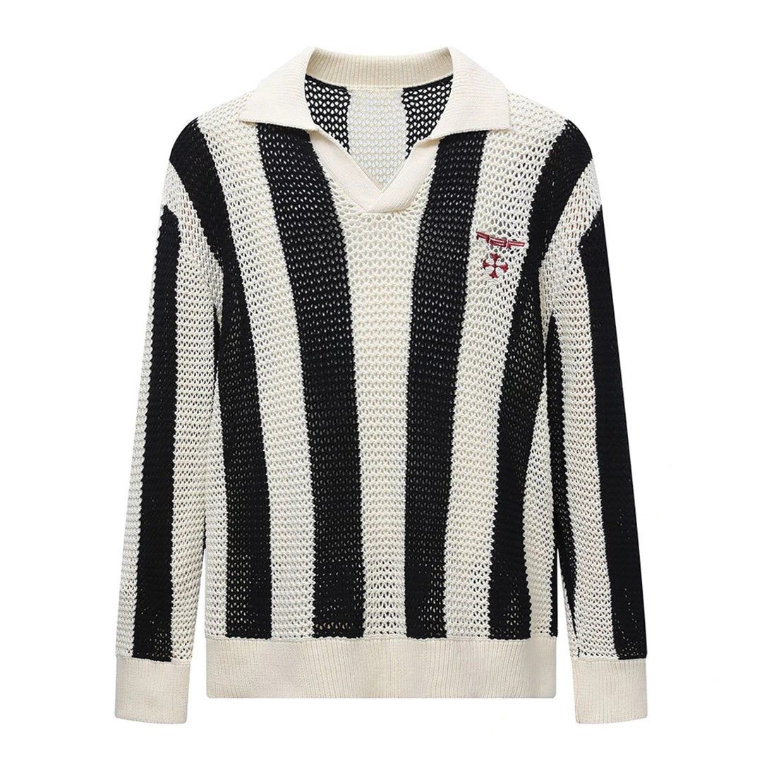 Oversized striped knit sweater with vertical bold stripes, open-weave texture, and turn-down collar