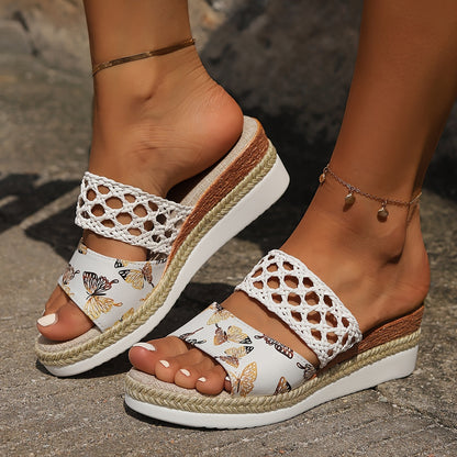 Women's woven wedge sandals in earthy tones with textured braided upper and supportive heel