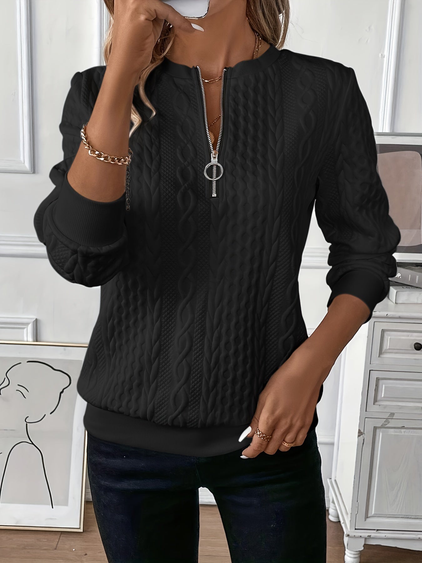Zoé cable knit zip-up sweater modern slim fit with front zipper closure for effortless layering