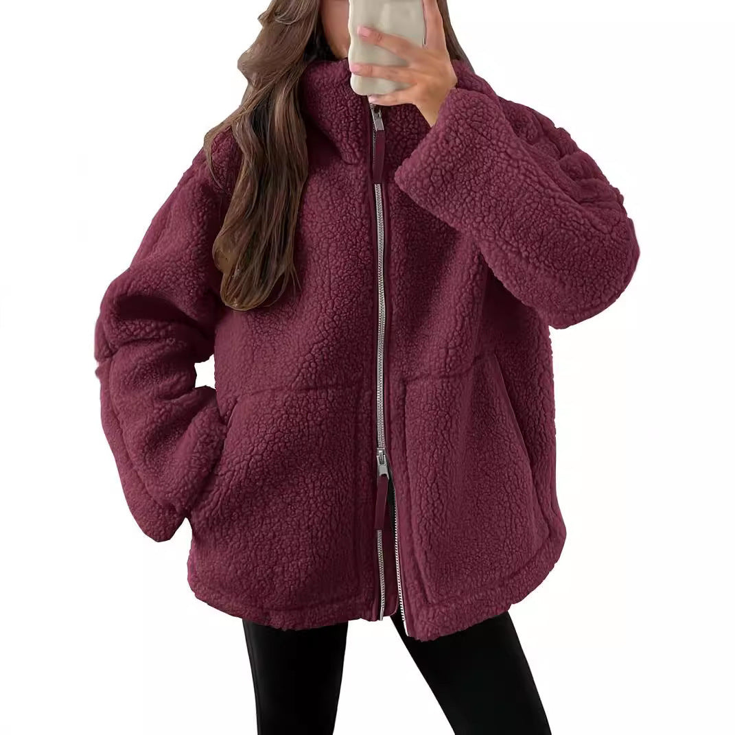 Women's wool blend zip-up jacket in neutral tone, relaxed modern fit with lapel collar winter coat