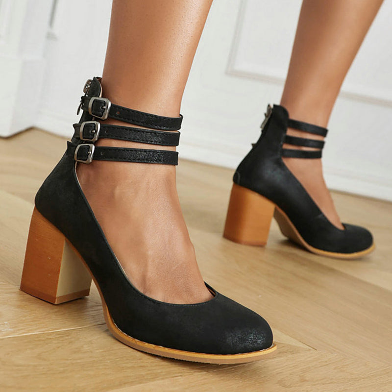 Smooth beige ankle strap sandals with thick block heel, minimalist design for women