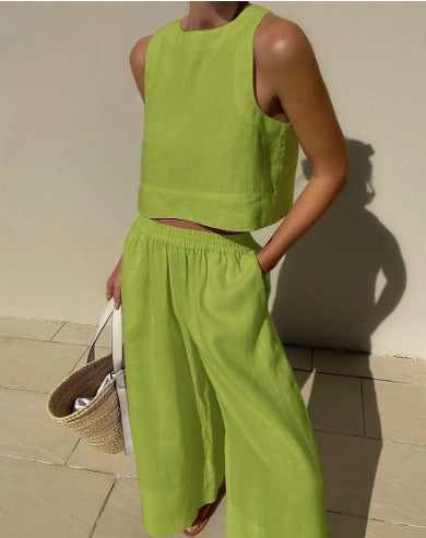 Women's linen two-piece set crop top wide-leg pants coordinated summer outfit vibrant tone