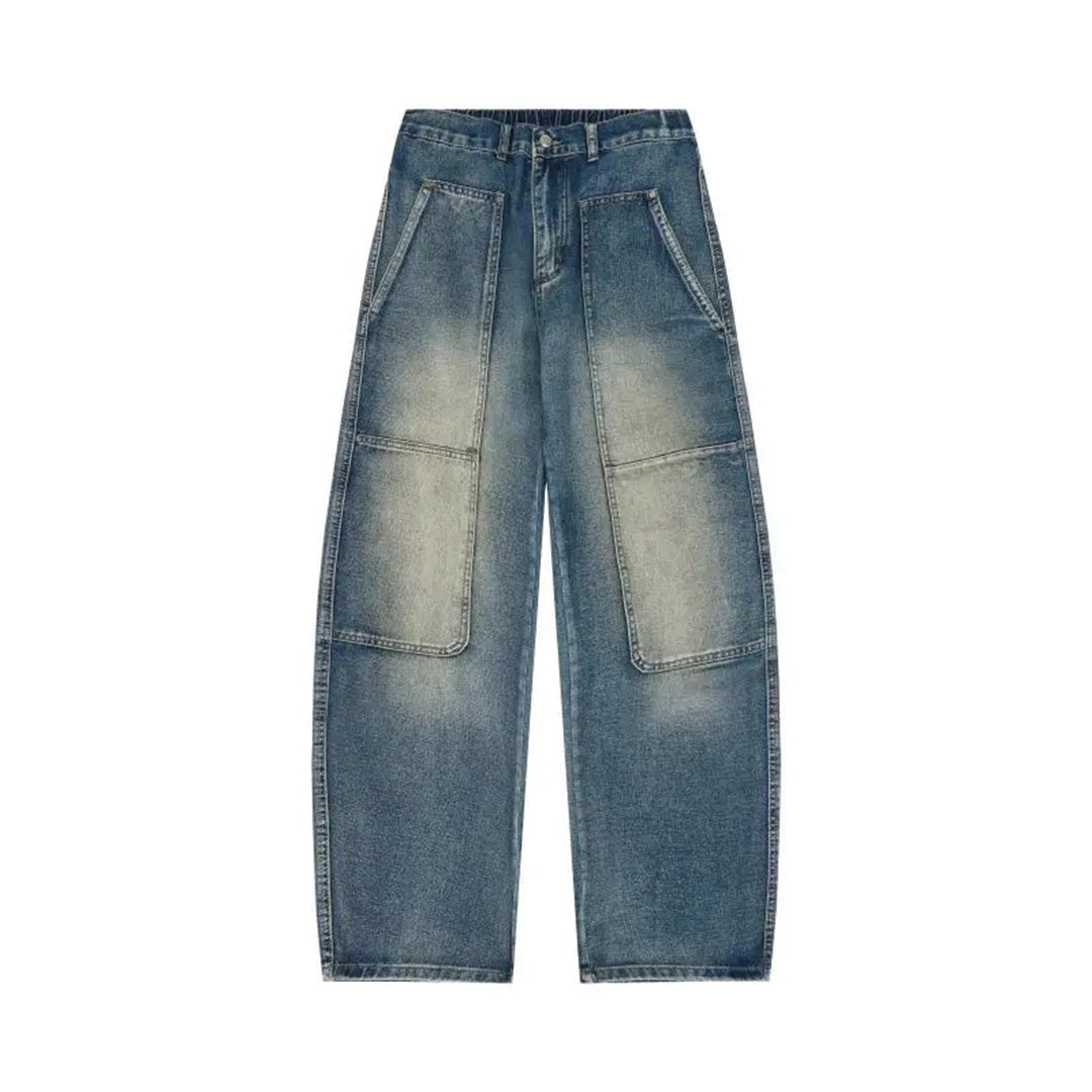 Washed blue relaxed straight-cut denim jeans with faded finish and oversized front patch pockets