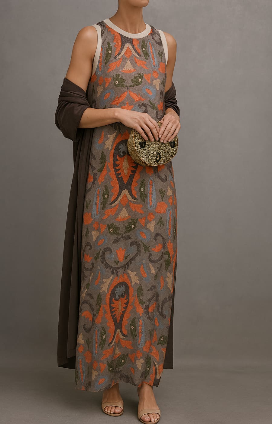 Ivory matching long dress and coat set with elegant draped silhouette for a polished coordinated look