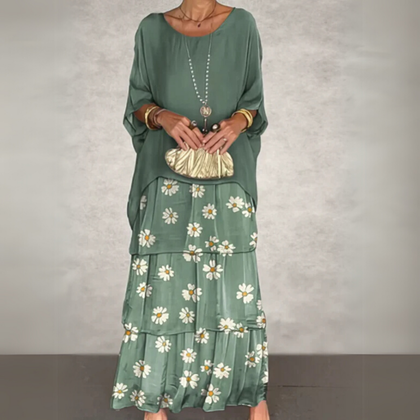 Elegant long flowing dress for women, flattering silhouette, perfect for weddings and dinner events