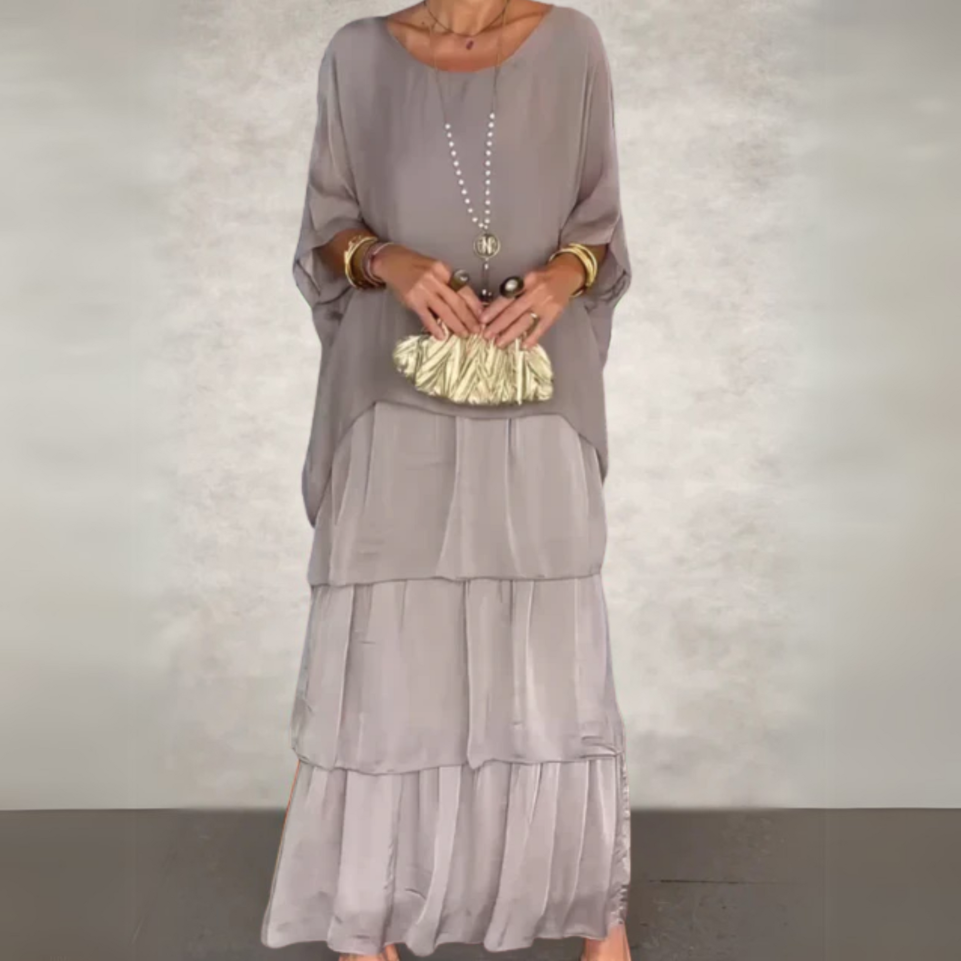 Elegant long flowing dress for women, flattering silhouette, perfect for weddings and summer events