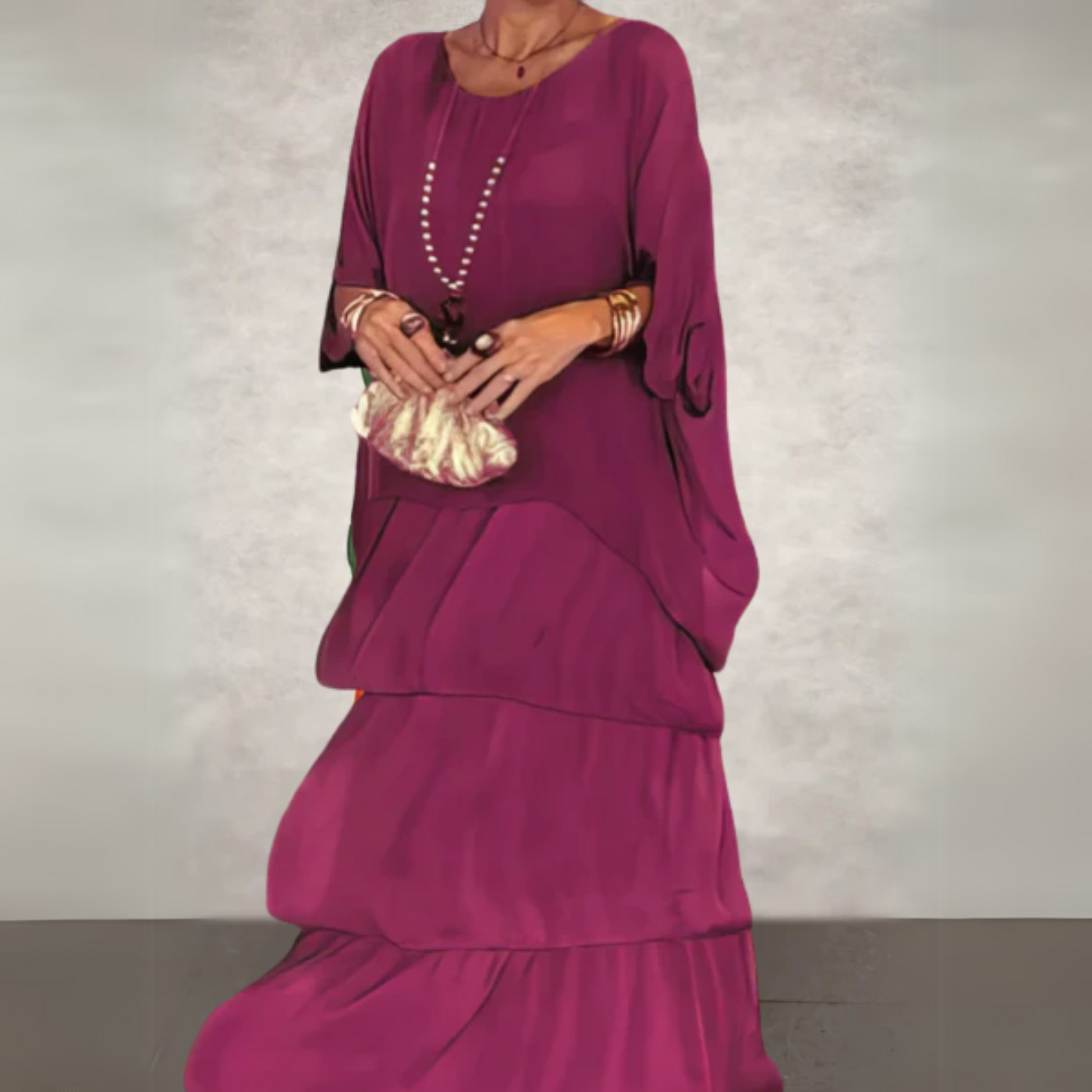 Elegant long flowing dress for women, graceful silhouette, flattering fit, perfect for weddings and events