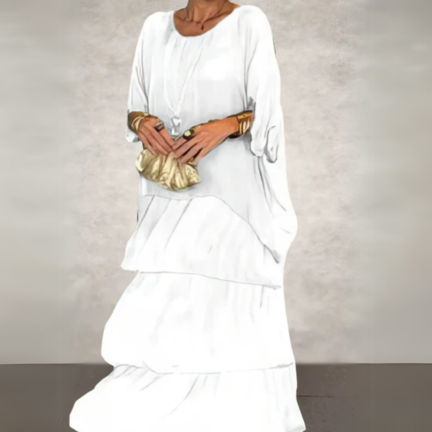 Elegant long flowing dress in soft tones with flattering silhouette and graceful drape for formal occasions