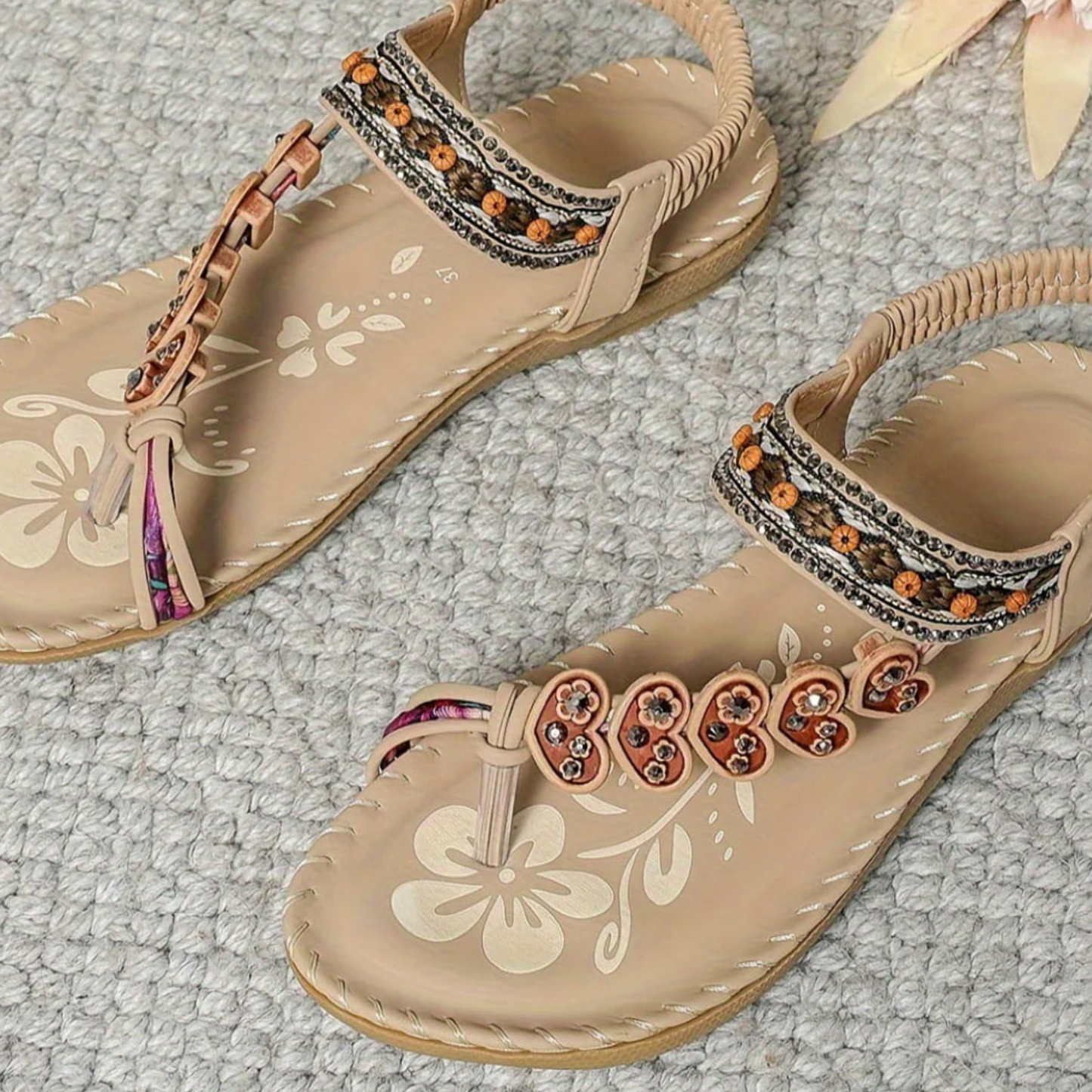 Solara boho beach sandals in neutral tones, lightweight breathable design with bohemian ankle straps