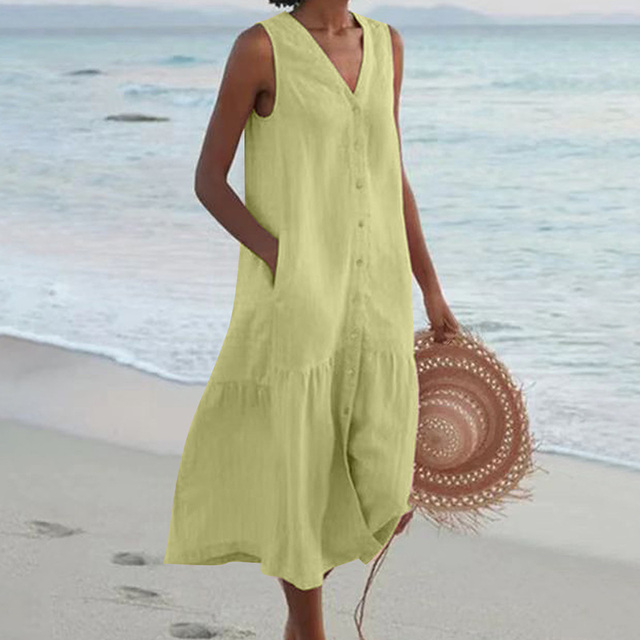Sleeveless buttoned midi dress slimming silhouette chic front button detail flattering coverage