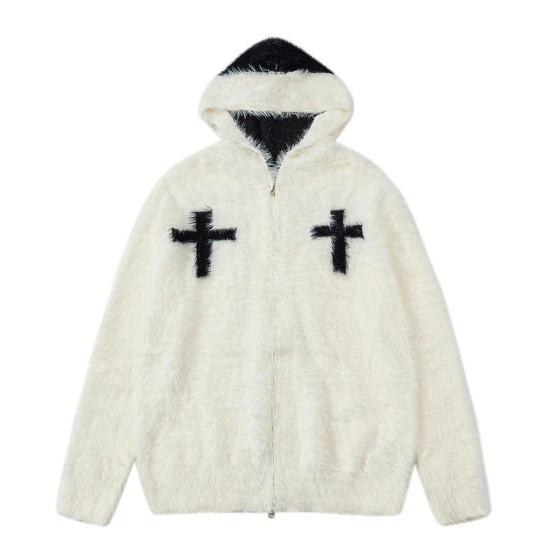 Reversible faux fur hoodie, dual-tone relaxed fit with embroidered cross chest detail