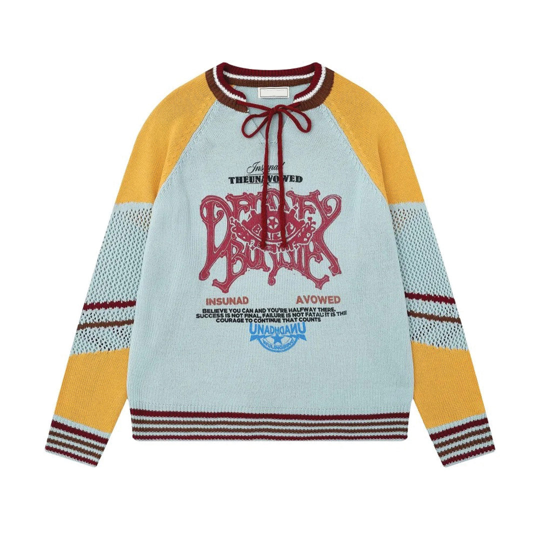 Striped cotton knit sweater relaxed fit lace-up collar contrast sleeves varsity style
