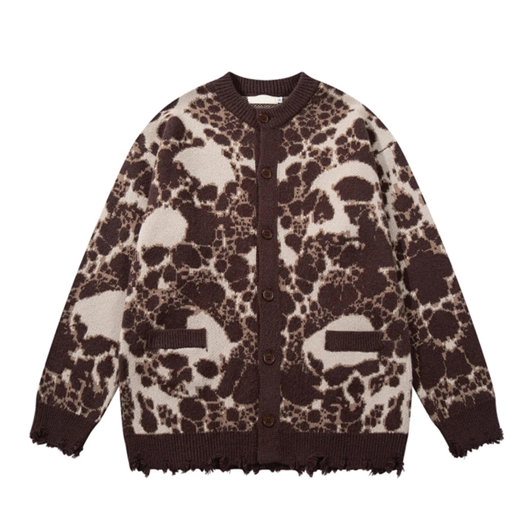 Dark knit relaxed-fit cardigan with allover skull jacquard pattern and distressed cuffs