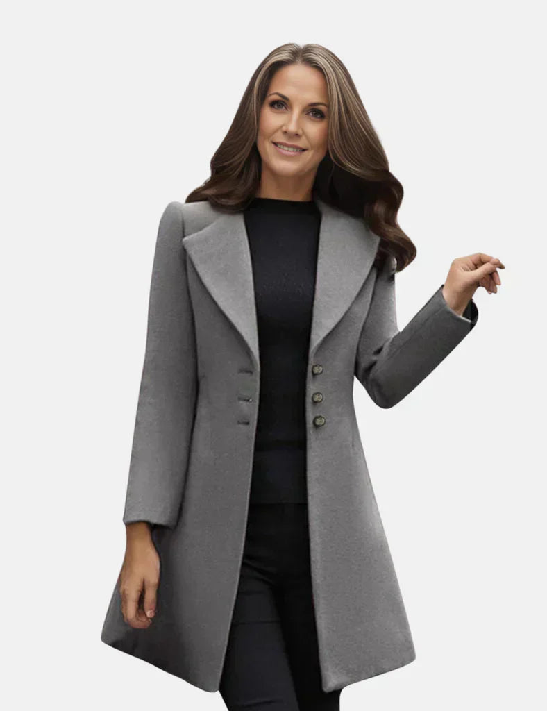 Women's black knee-length tailored coat, single-breasted button closure with wide lapels