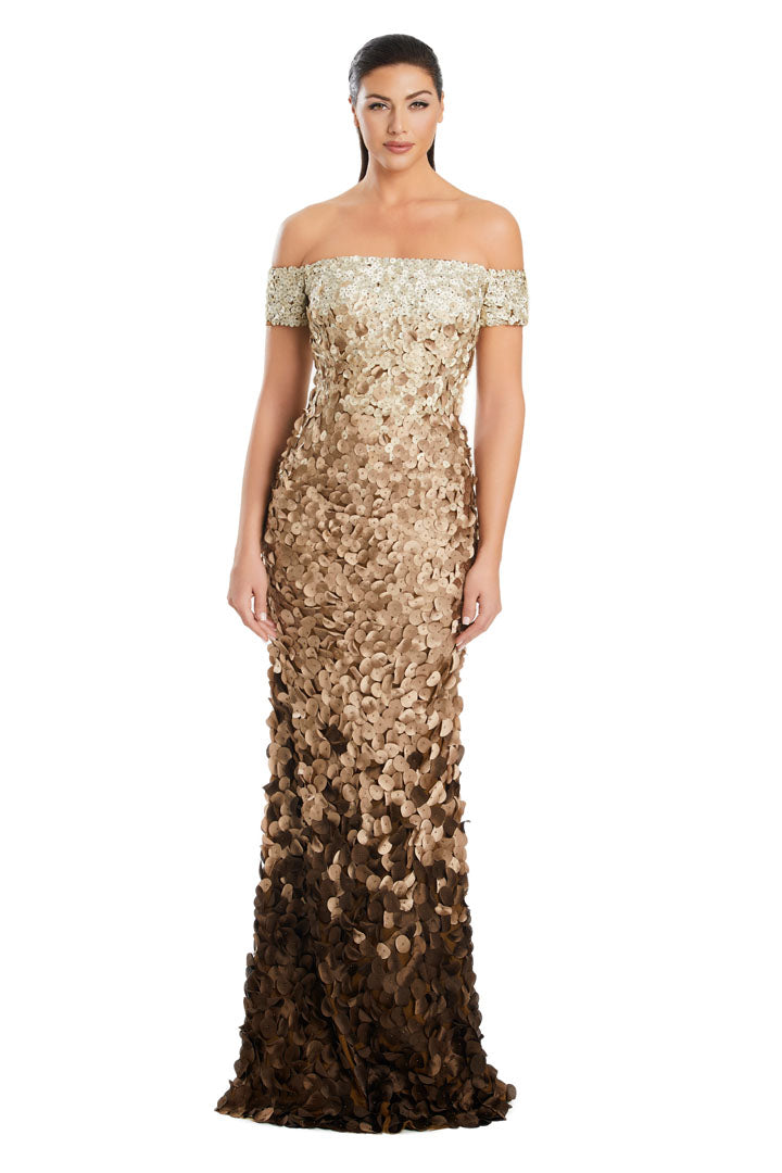 Two-tone sequin mermaid evening gown with off-shoulder neckline by Alexander Daymor