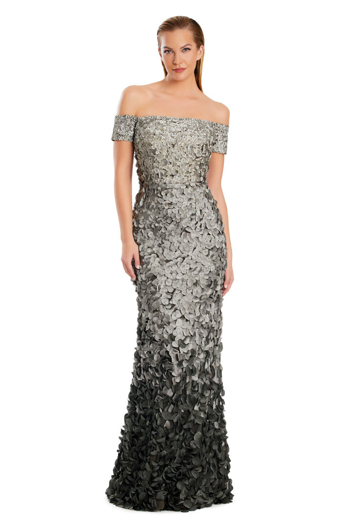 Two-tone sequin mermaid evening gown off-shoulder formal dress silver gold glamour