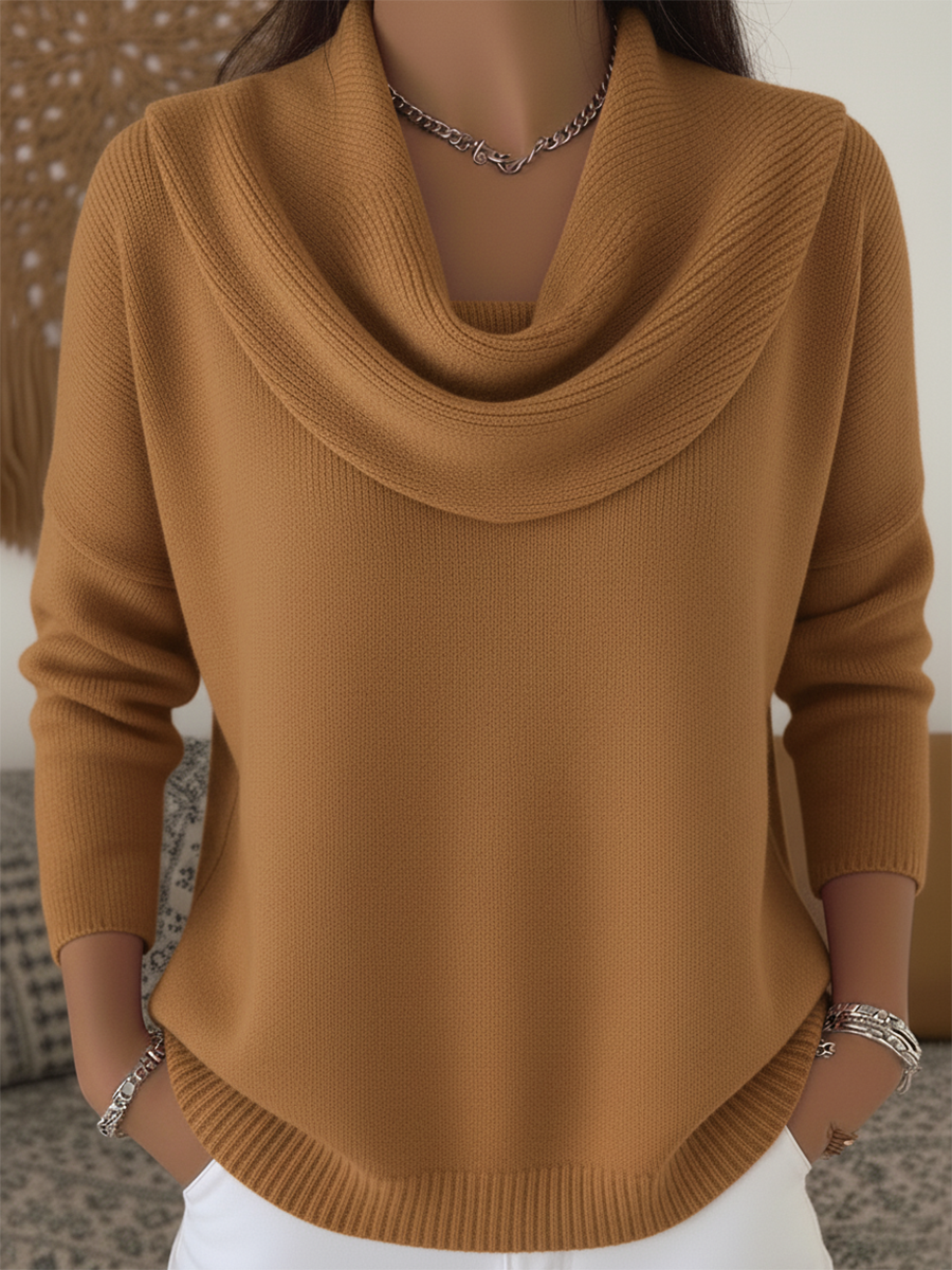 Stylish cowl collar sweater relaxed fit soft knit with draped neckline for effortless chic look
