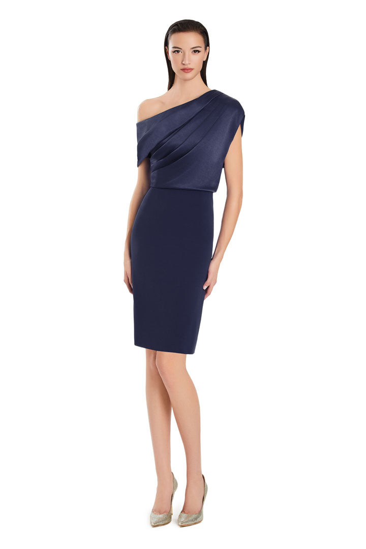 Ivory one-shoulder knee-length pleated cocktail dress with back slit by Alexander by Daymor