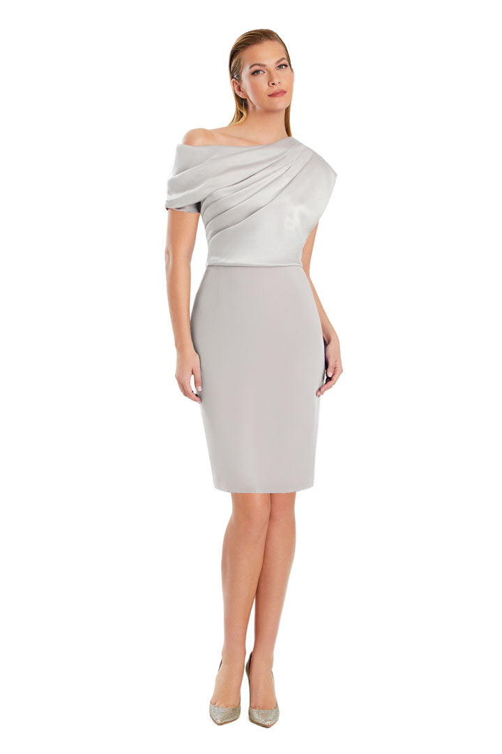 Ivory one-shoulder knee-length cocktail dress with pleated skirt and subtle back slit