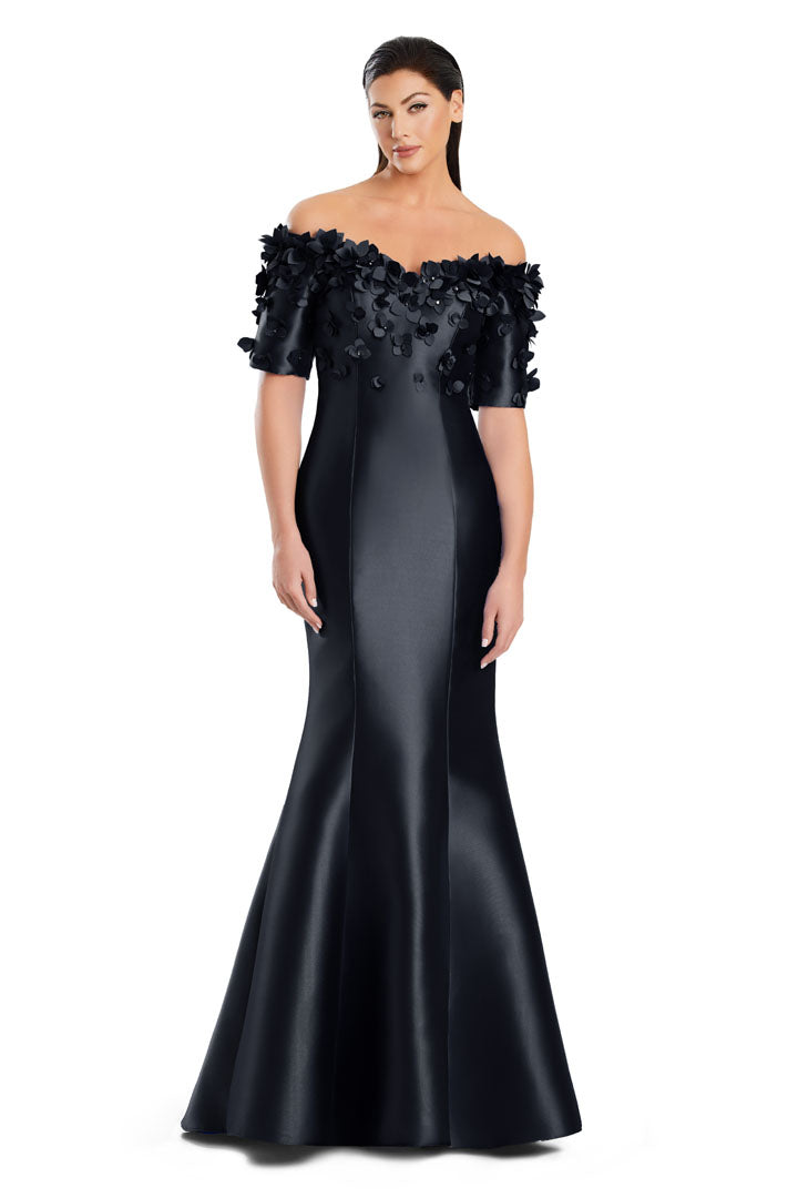 Long mermaid evening gown off-shoulder applique detailing formal dress elegant flared silhouette